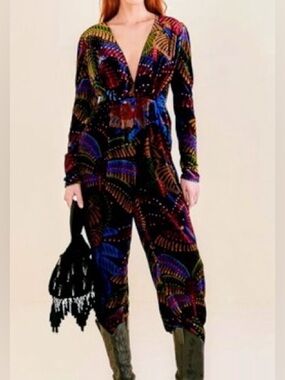 Farm Rio Vibrant Leaf Print Velvet Jumpsuit XL